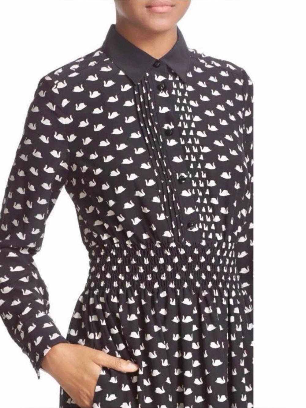 KATE SPADE Swan Print Silk Blend Shirtdress Black Size Large - Picture 6 of 16